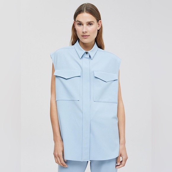 Closed Tops - CLOSED Blue Dawn Sky Sleeveless Pocket Detail Wool Blend Blouse XS